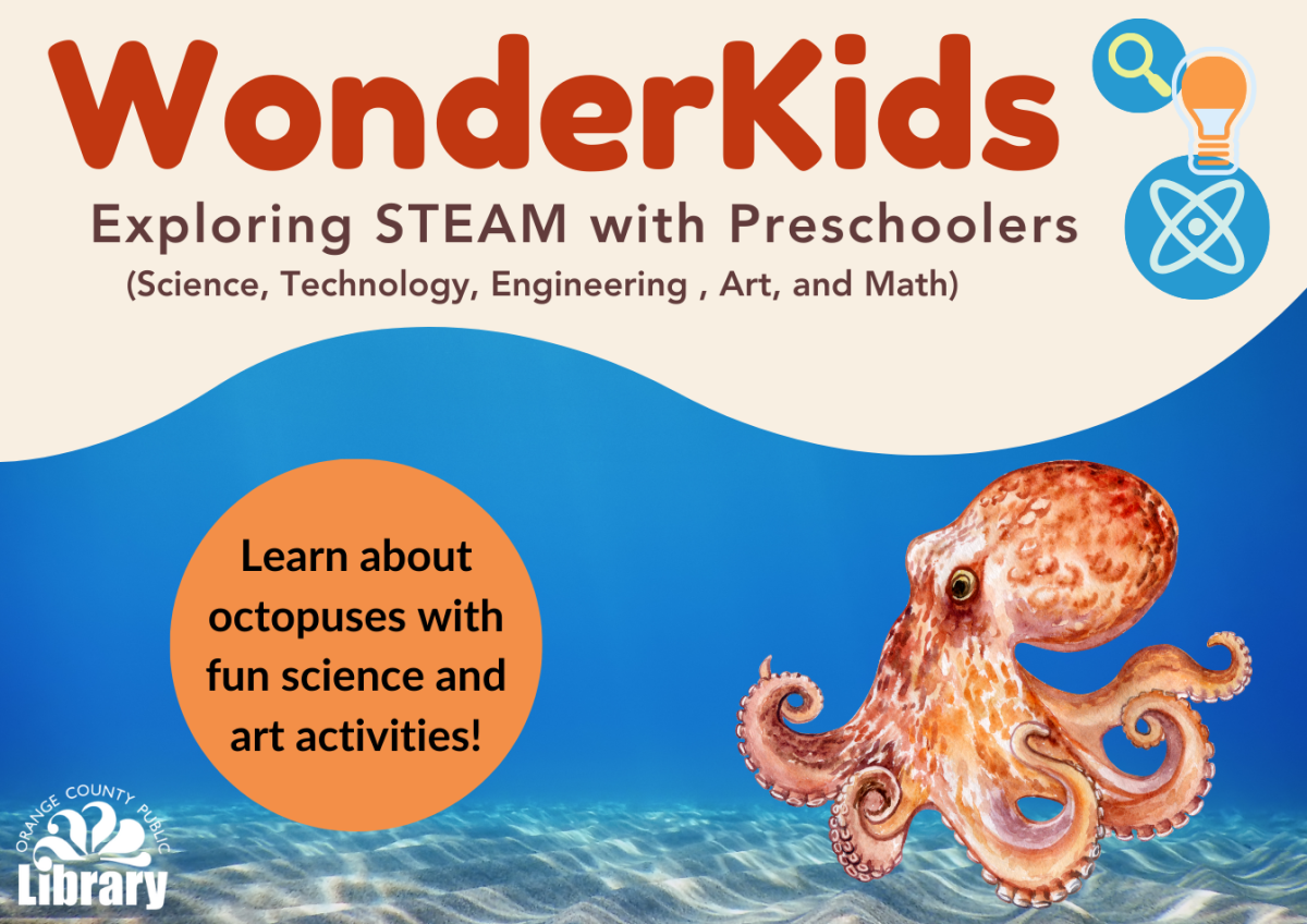 A small image of the program flyer with program description, title, and a painted image of an orange octopus.