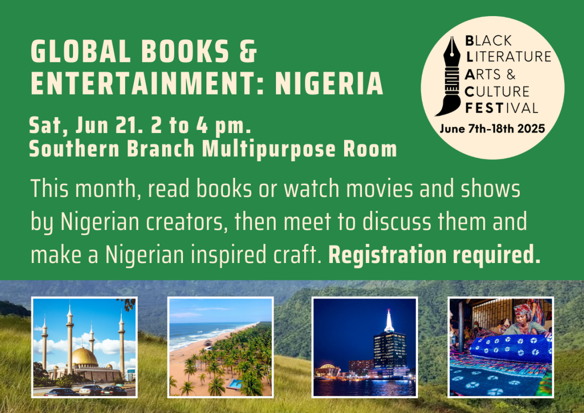 Nigerian landscapes and cities, and a woman rolling out a piece of dyed fabric.