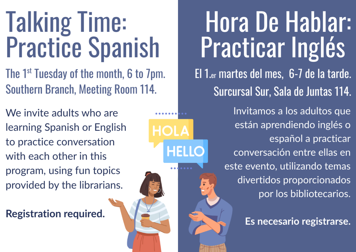 A cartoon woman holding a coffee cup says Hola to a cartoon man who says Hello to her.